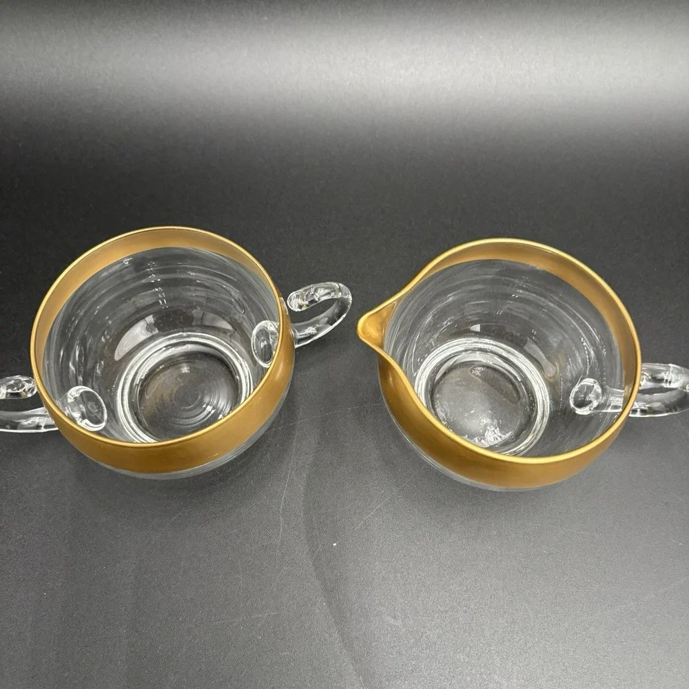 Vtg Dorothy Thorpe Glass Sugar Creamer Set Gold Band 60s MCM Retro